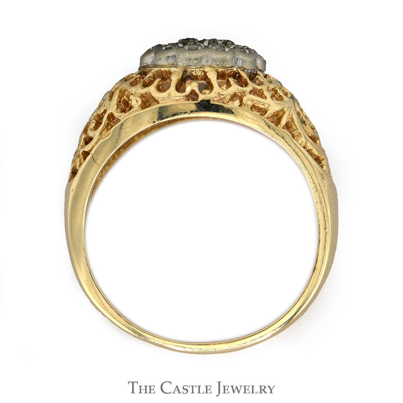 Illusion Set .10cttw Kentucky Diamond Cluster Ring with Open Filigree Sides in 10k Yellow Gold