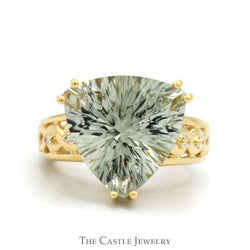 Trillion Cut Green Quartz Ring with Diamond Accented Sides in 10k Yellow Gold