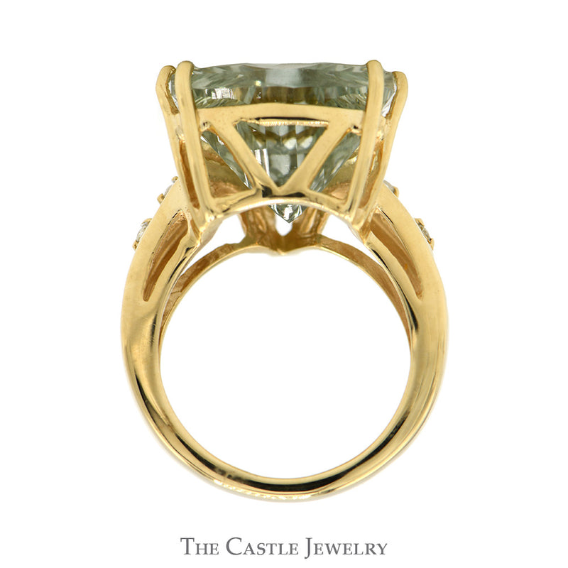 Trillion Cut Green Quartz Ring with Diamond Accented Sides in 10k Yellow Gold