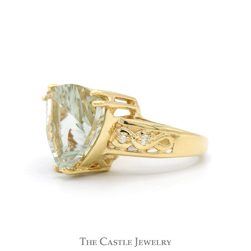 Trillion Cut Green Quartz Ring with Diamond Accented Sides in 10k Yellow Gold