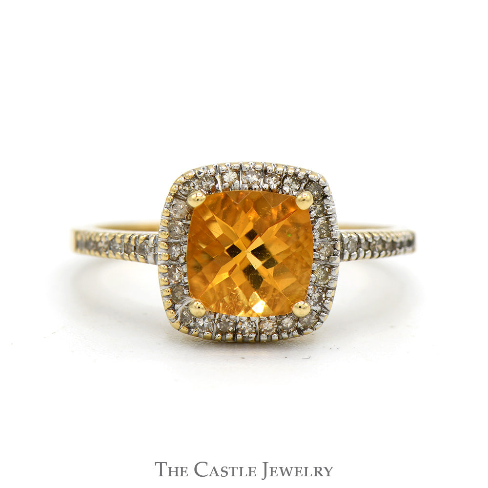 Cushion Cut Citrine Ring with Diamond Halo and Accented Sides in 14k Yellow Gold