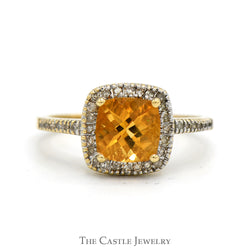 Cushion Cut Citrine Ring with Diamond Halo and Accented Sides in 14k Yellow Gold