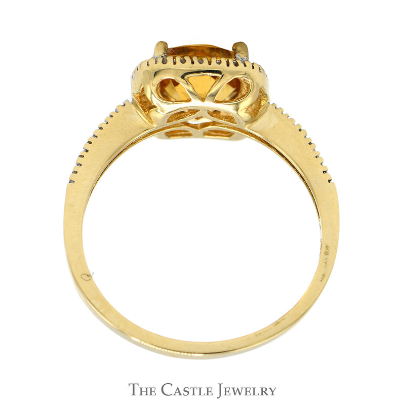 Cushion Cut Citrine Ring with Diamond Halo and Accented Sides in 14k Yellow Gold
