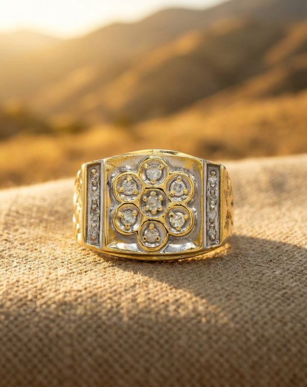 Men's 0.36cttw Seven Diamond Cluster Ring with Vertical Rows and Nugget Sides in 10k Yellow Gold