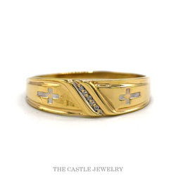 Men's Two Tone Cross Ring with Diamond Accent in 10k Yellow or White Gold
