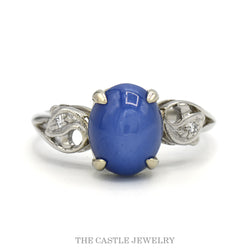 14K White Gold Star Sapphire Cabochon Ring with Diamond Scroll Design