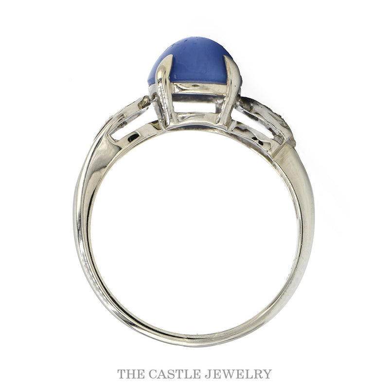 14K White Gold Star Sapphire Cabochon Ring with Diamond Scroll Design
