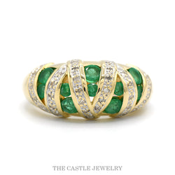 14K Yellow Gold Emerald and Diamond Dome Statement Ring