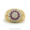 14k yellow gold Kentucky cluster ring with ruby halo and diamond center — top view - Thumbnail 1