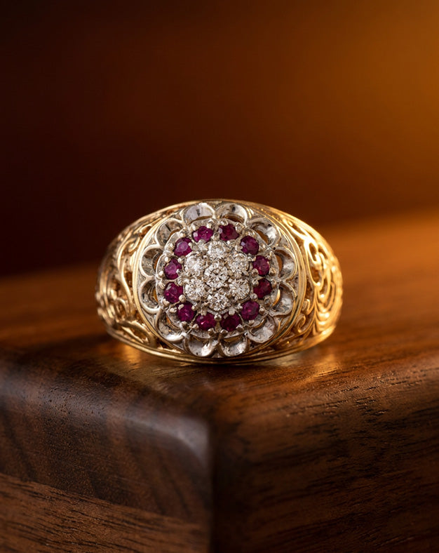 0.25ctw Ruby and Diamond Kentucky Cluster Ring in 14k Yellow Gold