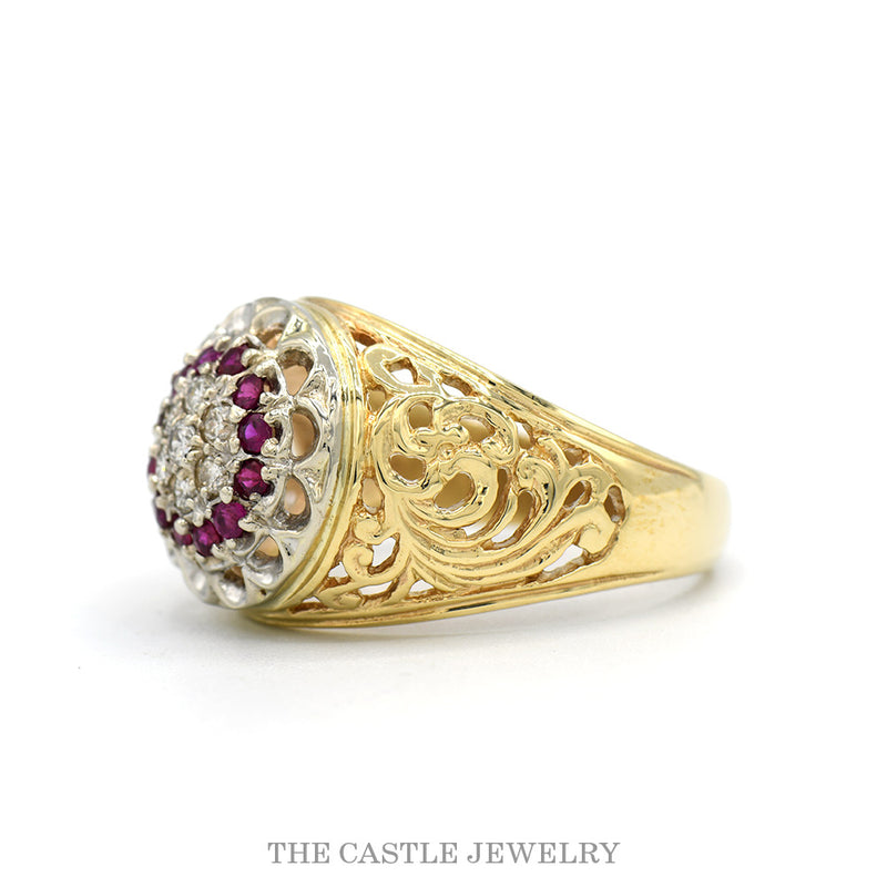 Side profile of the 14k yellow gold ruby and diamond Kentucky cluster ring