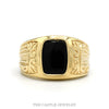 10k yellow gold men's signet ring with rectangular black onyx center and floral-engraved shoulders — top view - Thumbnail 1