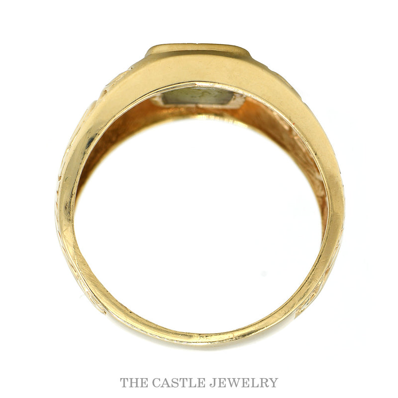 Front-facing view of the 10k yellow gold rectangular black onyx signet ring showing the floral scroll engraving on the shoulders