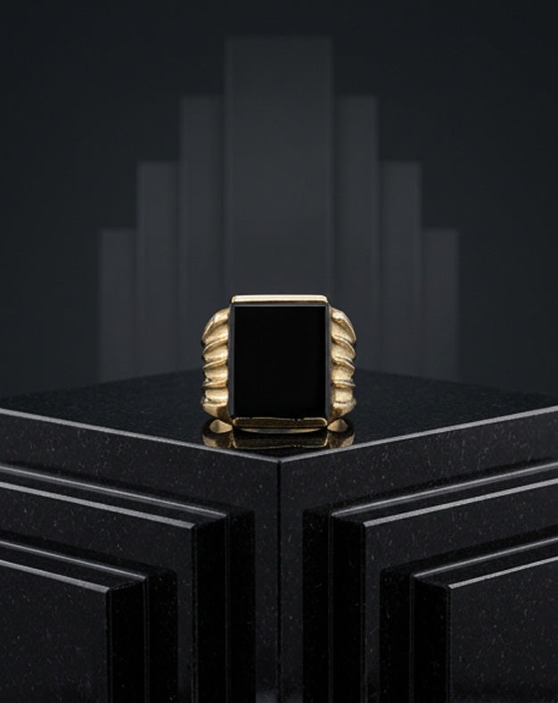 Rectangular Black Onyx Ring with Sculpted Ridged Shoulders in 10k Yellow Gold