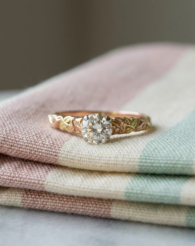 0.60ct Round Brilliant Diamond Solitaire with Carved Tri-Color Leaf Shank in 14k Gold