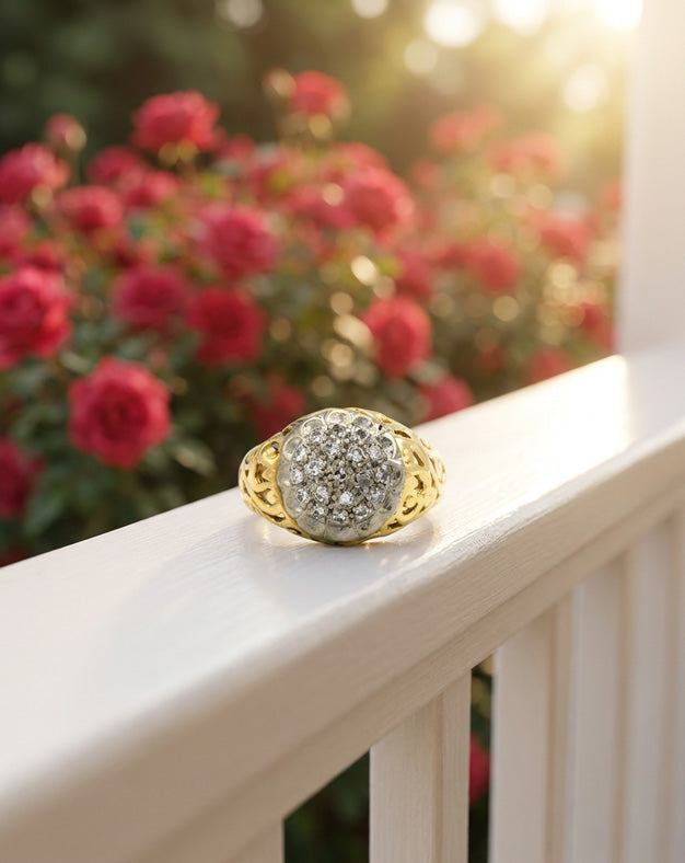 0.25ctw Diamond Kentucky Cluster Ring with Heart Scroll Filigree Sides in 10k Yellow Gold