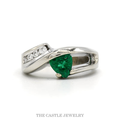 14k white gold trillion-cut emerald bypass ring with diamond accents — top view