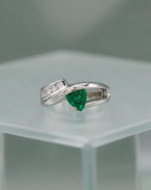 Trillion-Cut Emerald Bypass Ring with 0.15ctw Diamond Accents in 14k White Gold