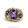 14k yellow gold emerald cut amethyst ring with gemstone flower sides — top view - Thumbnail 1