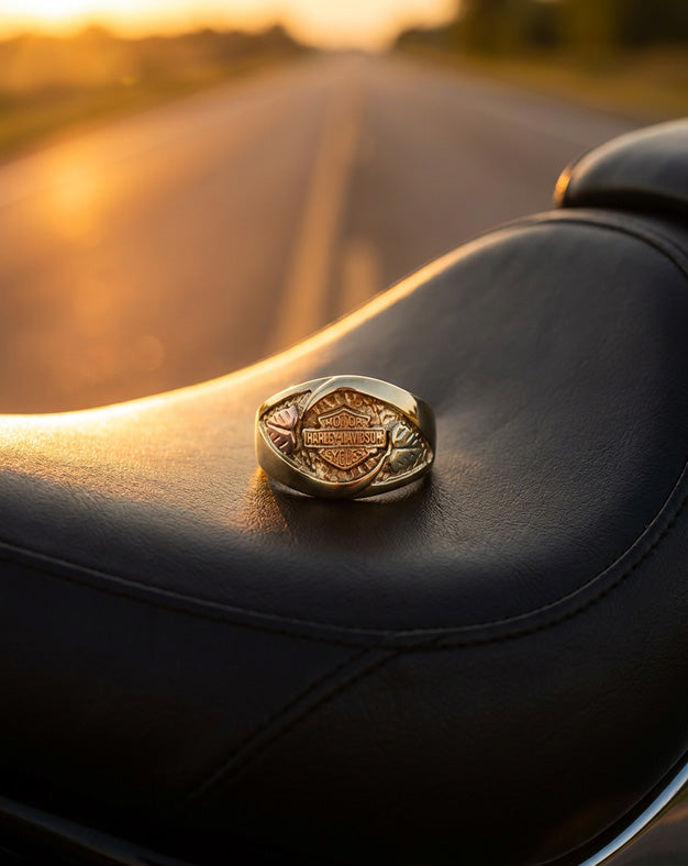 Men's Harley-Davidson Bar and Shield Ring with Leaf Design Sides in 10k Two-Tone Gold