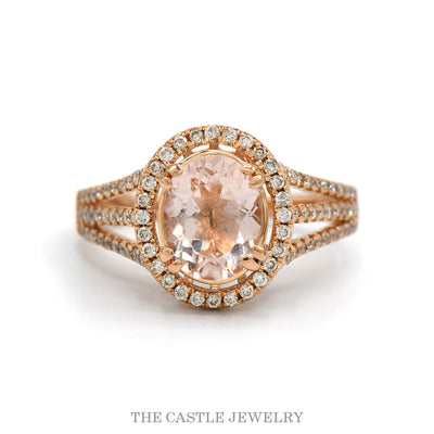 Oval morganite halo ring with three row split shank, 1/2cttw of round diamonds, in 14k rose gold — top view