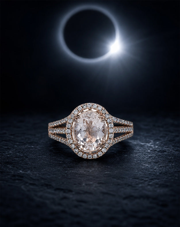 Oval Morganite Halo Ring with Three Row Split Shank, 1/2cttw of Round Diamonds, in 14k Rose Gold