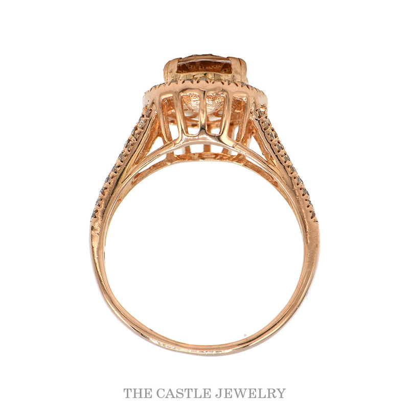 Front-facing view of the oval morganite halo ring in 14k rose gold