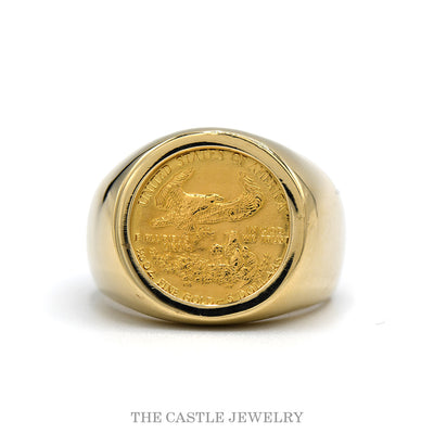 22k 1/10oz American Gold Eagle coin ring in polished 10k yellow gold — top view