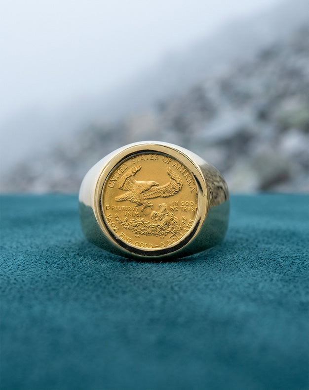 22k 1/10oz American Gold Eagle Coin Ring in Polished 10k Yellow Gold