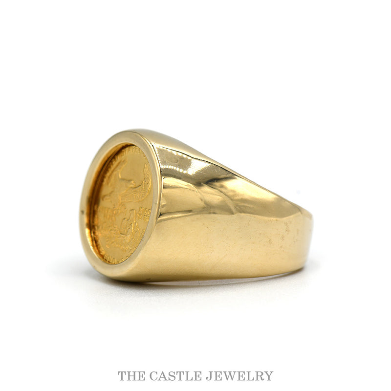 Side profile of the American Gold Eagle coin ring in polished 10k yellow gold
