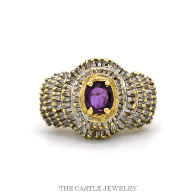14k yellow gold rhodolite garnet baguette diamond ballerina ring — top view