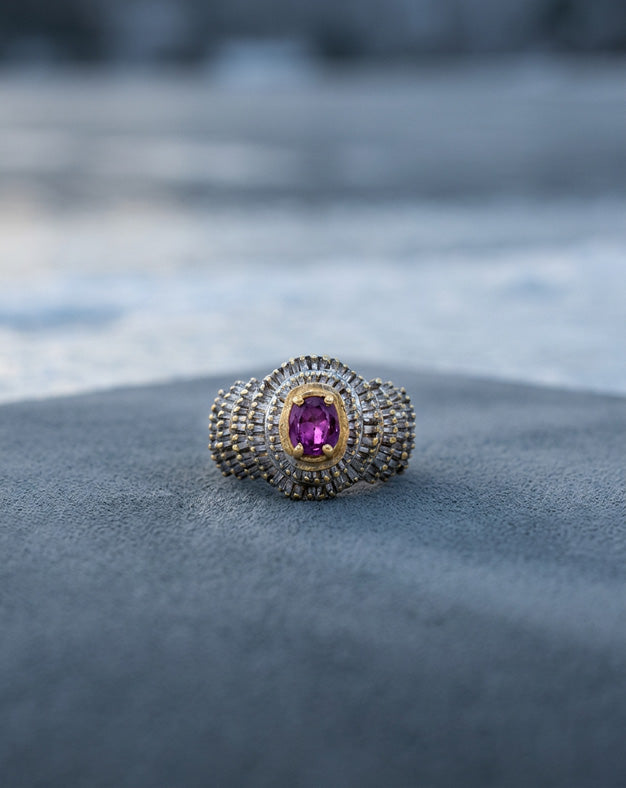 3/4cttw Diamond Ballerina Ring with Oval Rhodolite Garnet in 14k Yellow Gold