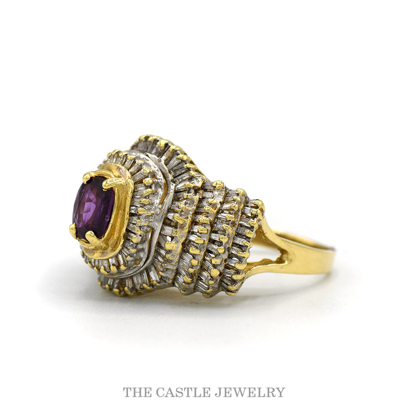 Side profile of the 14k yellow gold rhodolite garnet ballerina ring