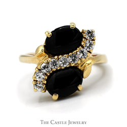 Double Oval Onyx Ring with White Topaz Accents in 14k Yellow Gold