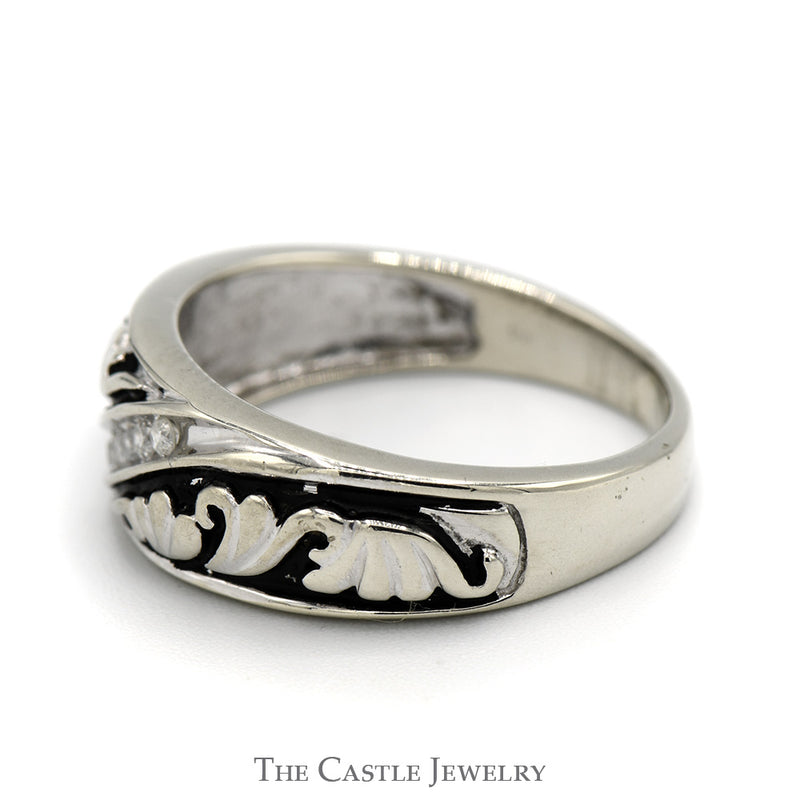 Nick Set Diamond Band with Black Enamel Floral Design in 10k White Gold