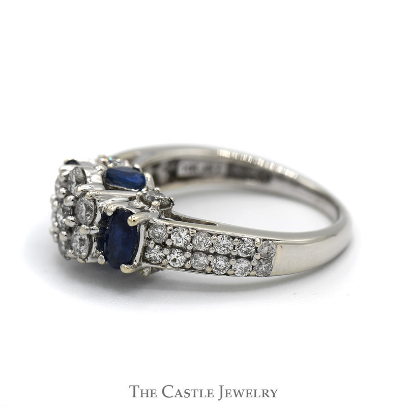 1cttw Diamond Flower Cluster Engagement Ring with Sapphire & Diamond Accents in 10k White Gold