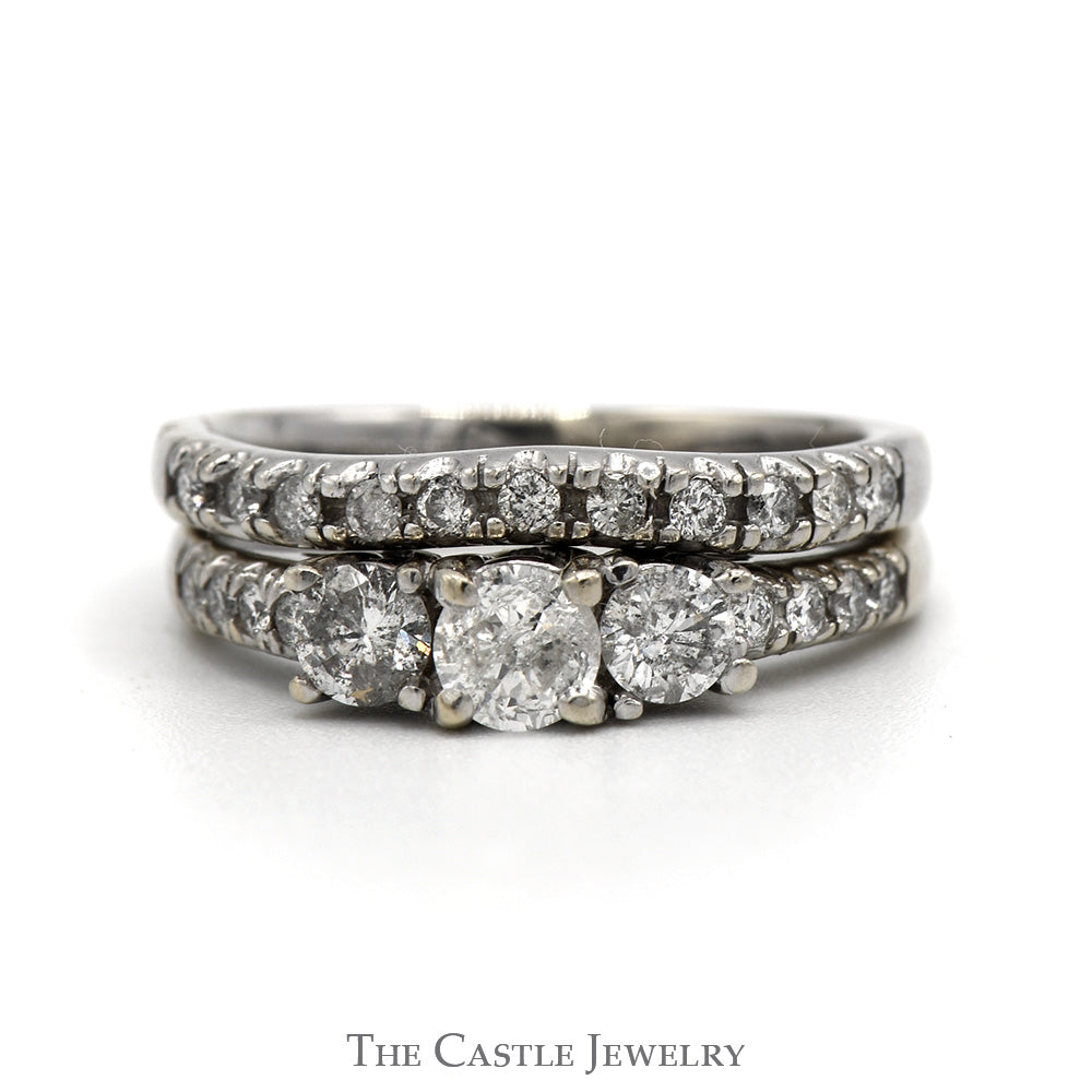 Three Stone Diamond Bridal Set with Diamond Accents and Matching Band in 14k White Gold