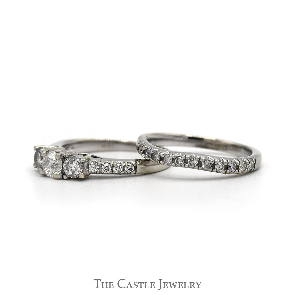 Three Stone Diamond Bridal Set with Diamond Accents and Matching Band in 14k White Gold