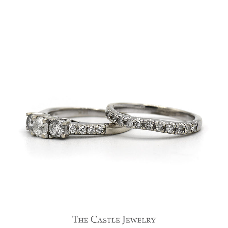 Three Stone Diamond Bridal Set with Diamond Accents and Matching Band in 14k White Gold