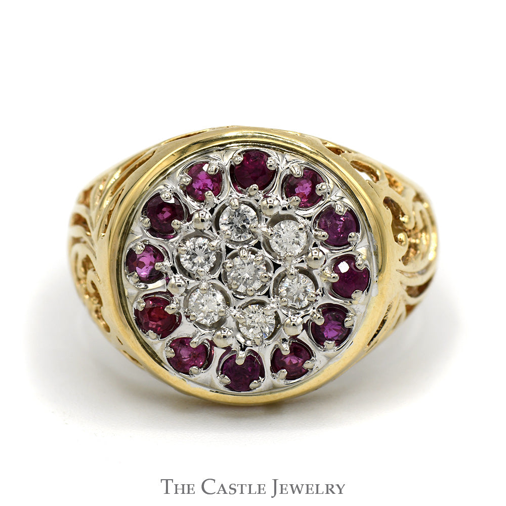 Ruby & Diamond Kentucky Cluster Ring with Filigree Sides in 10k Yellow Gold