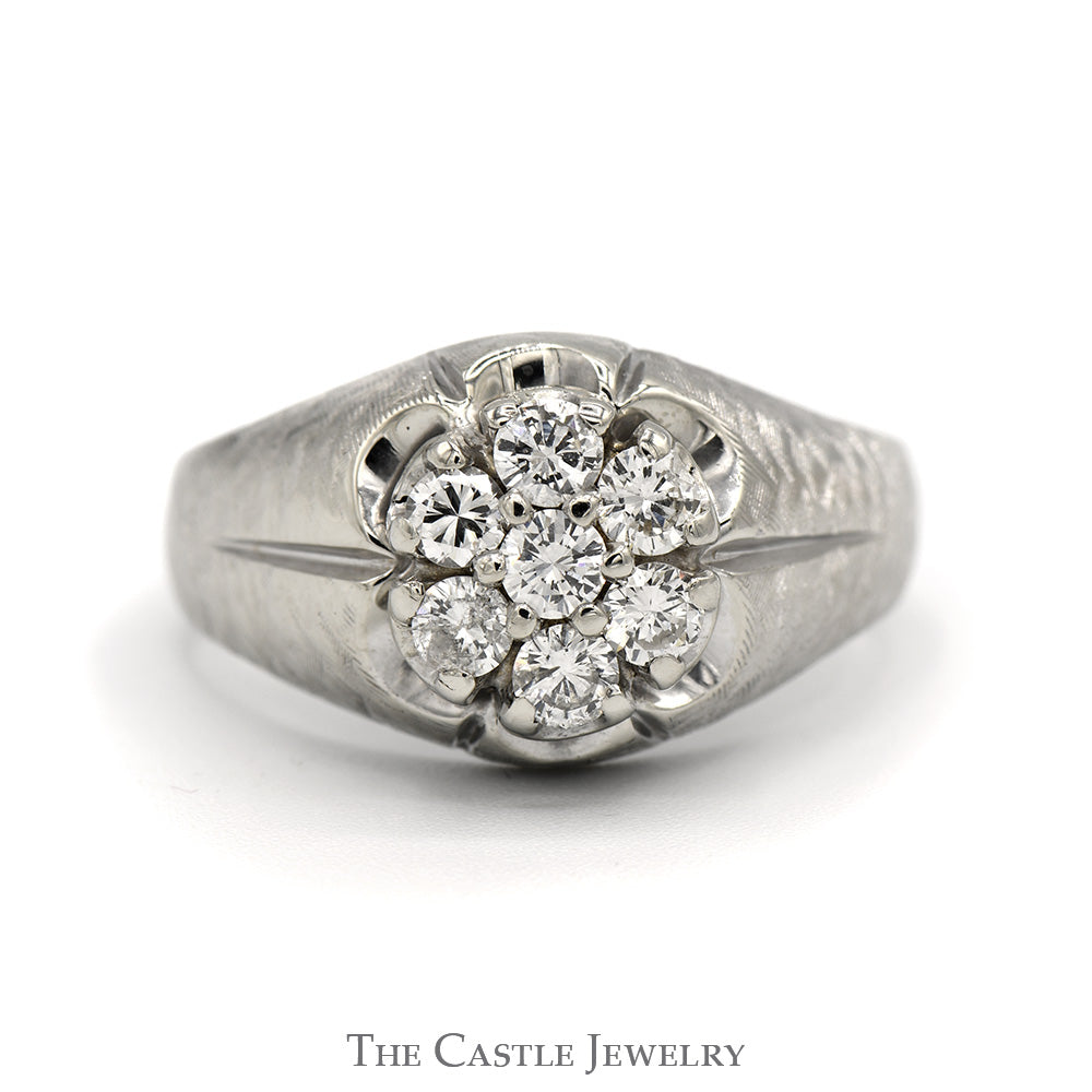 Men's 1cttw 7 Diamond Cluster Ring with Scalloped Mounting in 14k White Gold