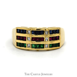 Princess Cut Sapphire, Ruby & Emerald Multi Row Ring with Diamond Accents in 18k Yellow Gold