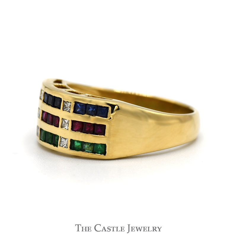 Princess Cut Sapphire, Ruby & Emerald Multi Row Ring with Diamond Accents in 18k Yellow Gold