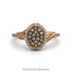 Oval Shaped Cocoa Diamond Cluster with White Diamond Halo and Accented Sides in 14k Rose Gold