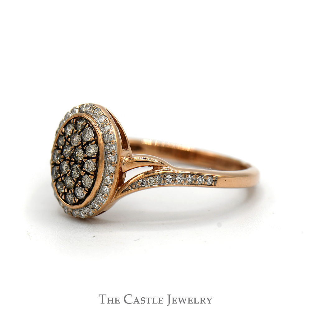 Oval Shaped Cocoa Diamond Cluster with White Diamond Halo and Accented Sides in 14k Rose Gold