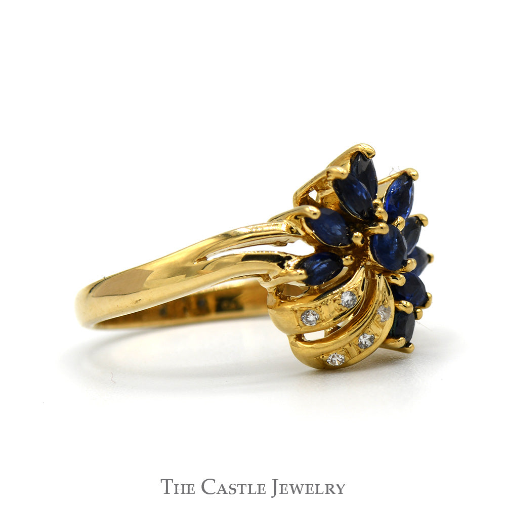 Marquise Sapphire & Round Diamond Flower Cluster Vintage Style Ring in 18k Yellow Gold