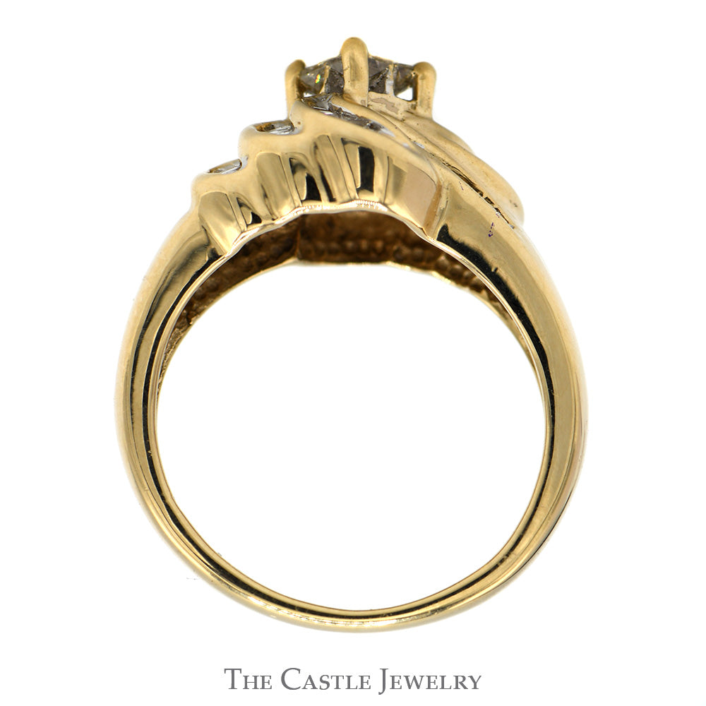 Princess Cut Invisiset Diamond Cluster Ring with Round and Baguette Accents in 10k Yellow Gold Swirled Design