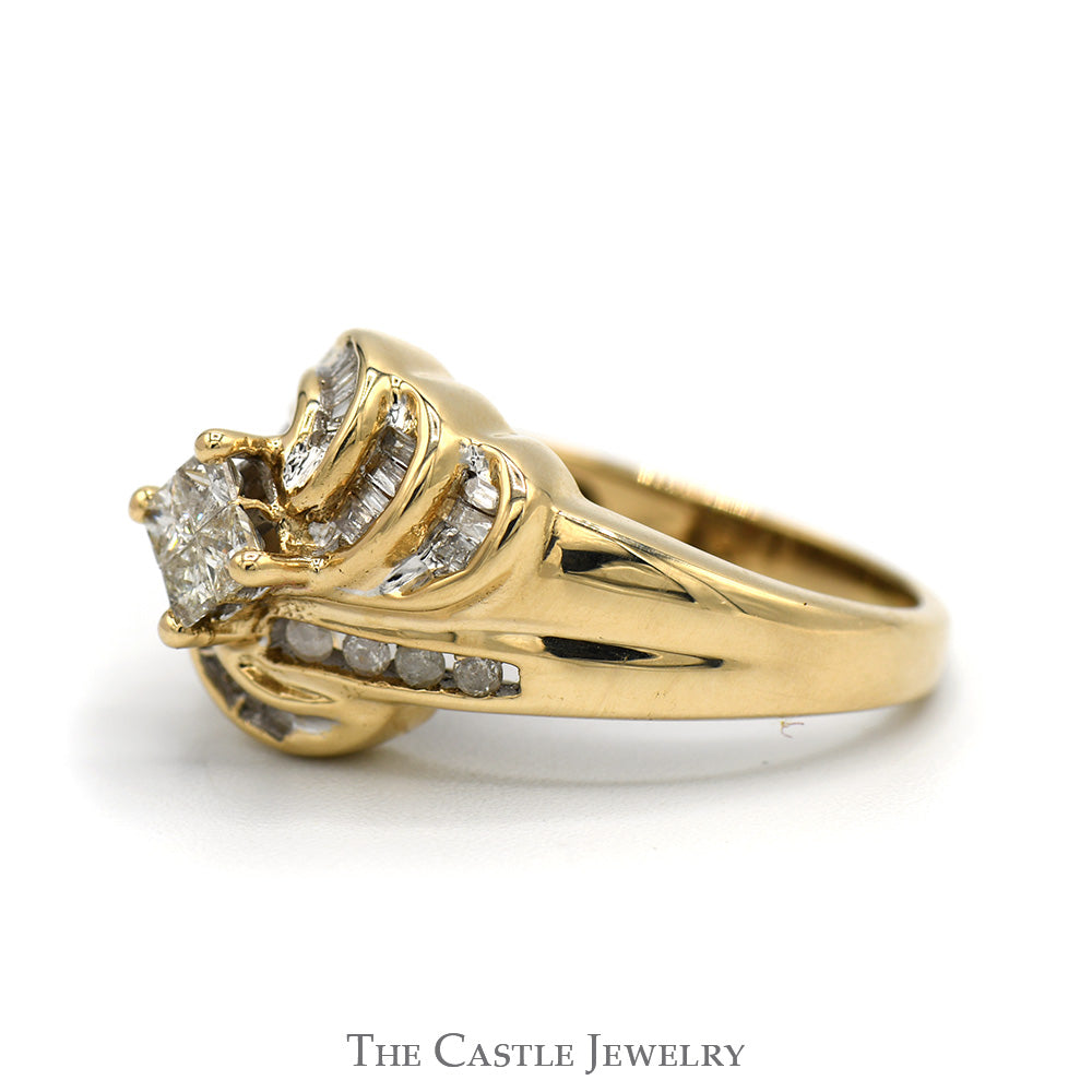 Princess Cut Invisiset Diamond Cluster Ring with Round and Baguette Accents in 10k Yellow Gold Swirled Design