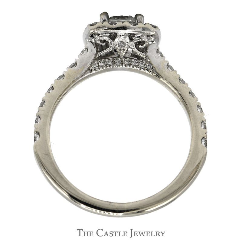 Neil Lane 1.5cttw Cushion Cut Diamond Solitaire Designer Engagement Ring with Diamond Halo and Accented Sides in 14k White Gold