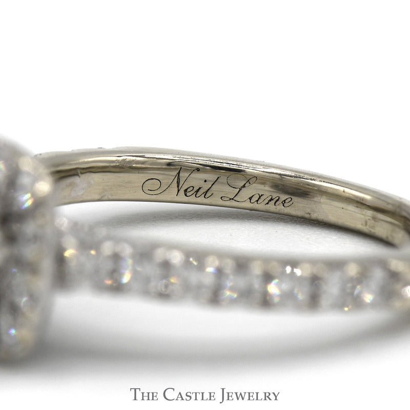 Neil Lane 1.5cttw Cushion Cut Diamond Solitaire Designer Engagement Ring with Diamond Halo and Accented Sides in 14k White Gold